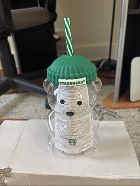 Starbucks Clear Bear Tumbler with Green Lid and Striped Straw